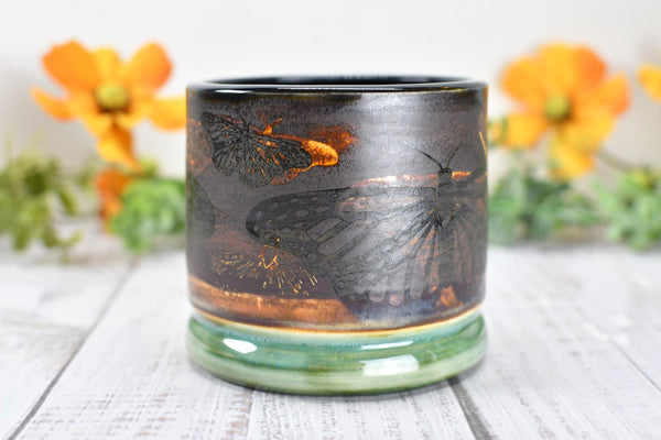 Ceramic Butterfly Bronze Cup - Pottery Anniversary Tumbler, Wine, Whiskey, Bourbon, Handmade, Black, Green, Tan, Monarch Garden Lover Gift