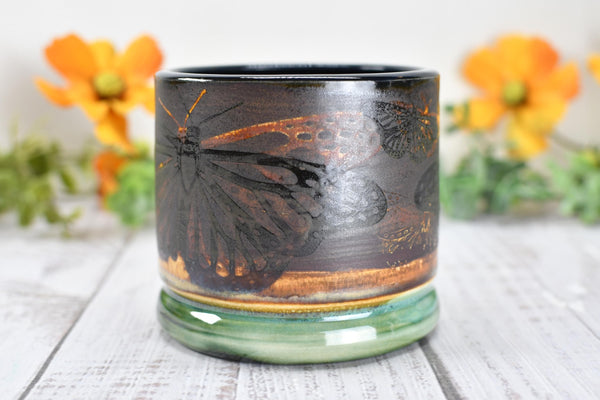 Ceramic Butterfly Bronze Cup - Pottery Anniversary Tumbler, Wine, Whiskey, Bourbon, Handmade, Black, Green, Tan, Monarch Garden Lover Gift