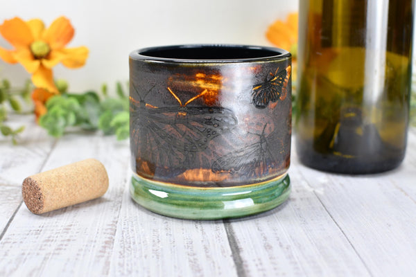 Ceramic Butterfly Bronze Cup - Pottery Anniversary Tumbler, Wine, Whiskey, Bourbon, Handmade, Black, Green, Tan, Monarch Garden Lover Gift