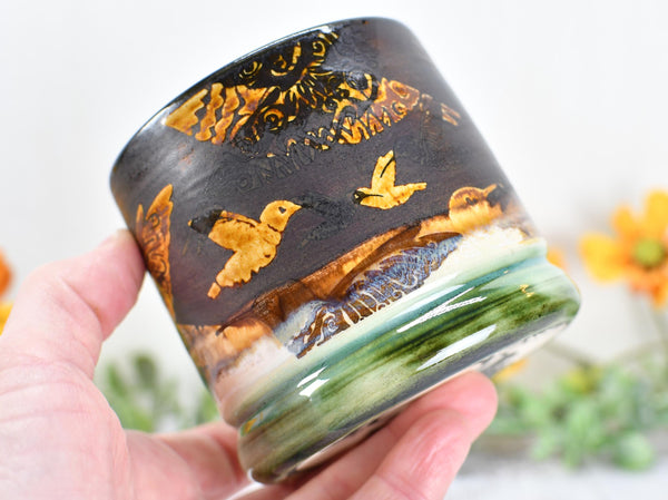 Bronze Anniversary Gift Hummingbird Pottery Cup, Whiskey Bourbon, Handmade Ceramic Tumbler Bar Wine, Black, Green, Tan, Bird Lover