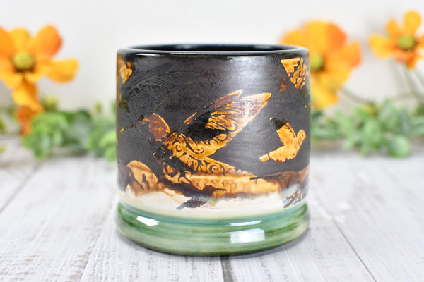 Bronze Anniversary Gift Hummingbird Pottery Cup, Whiskey Bourbon, Handmade Ceramic Tumbler Bar Wine, Black, Green, Tan, Bird Lover