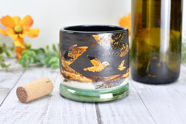 Bronze Anniversary Gift Hummingbird Pottery Cup, Whiskey Bourbon, Handmade Ceramic Tumbler Bar Wine, Black, Green, Tan, Bird Lover