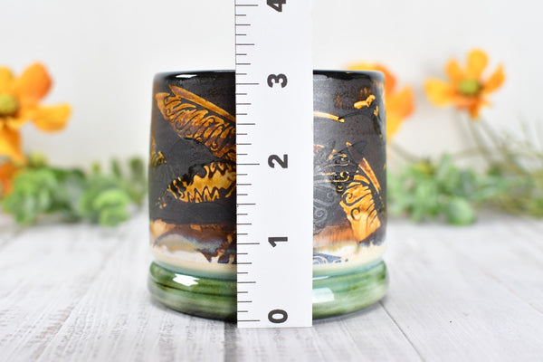 Bronze Anniversary Gift Hummingbird Pottery Cup, Whiskey Bourbon, Handmade Ceramic Tumbler Bar Wine, Black, Green, Tan, Bird Lover
