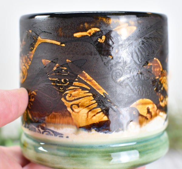 Bronze Anniversary Gift Hummingbird Pottery Cup, Whiskey Bourbon, Handmade Ceramic Tumbler Bar Wine, Black, Green, Tan, Bird Lover