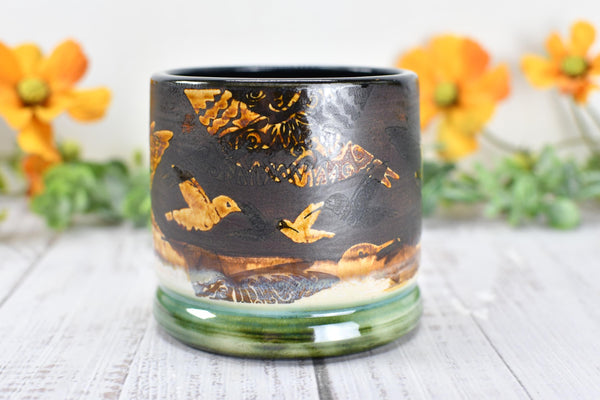 Bronze Anniversary Gift Hummingbird Pottery Cup, Whiskey Bourbon, Handmade Ceramic Tumbler Bar Wine, Black, Green, Tan, Bird Lover