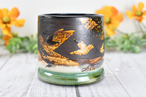 Bronze Anniversary Gift Hummingbird Pottery Cup, Whiskey Bourbon, Handmade Ceramic Tumbler Bar Wine, Black, Green, Tan, Bird Lover