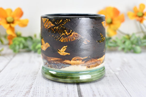 Bronze Anniversary Gift Hummingbird Pottery Cup, Whiskey Bourbon, Handmade Ceramic Tumbler Bar Wine, Black, Green, Tan, Bird Lover