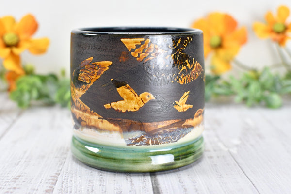 Bronze Anniversary Gift Hummingbird Pottery Cup, Whiskey Bourbon, Handmade Ceramic Tumbler Bar Wine, Black, Green, Tan, Bird Lover
