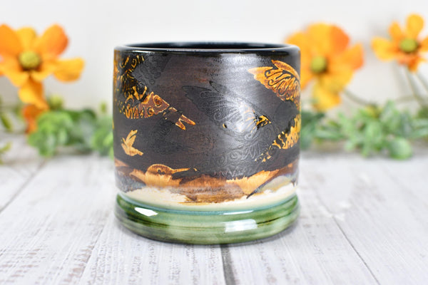Bronze Anniversary Gift Hummingbird Pottery Cup, Whiskey Bourbon, Handmade Ceramic Tumbler Bar Wine, Black, Green, Tan, Bird Lover