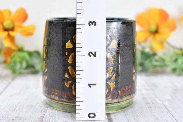 Whiskey Bourbon Cup, Bronze Pottery Anniversary Handmade Ceramic Tumbler BoHo Art Lover Wine Gift, Black, Olive Green, Tan Moroccan Pattern