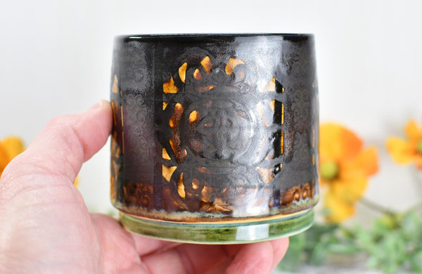 Whiskey Bourbon Cup, Bronze Pottery Anniversary Handmade Ceramic Tumbler BoHo Art Lover Wine Gift, Black, Olive Green, Tan Moroccan Pattern