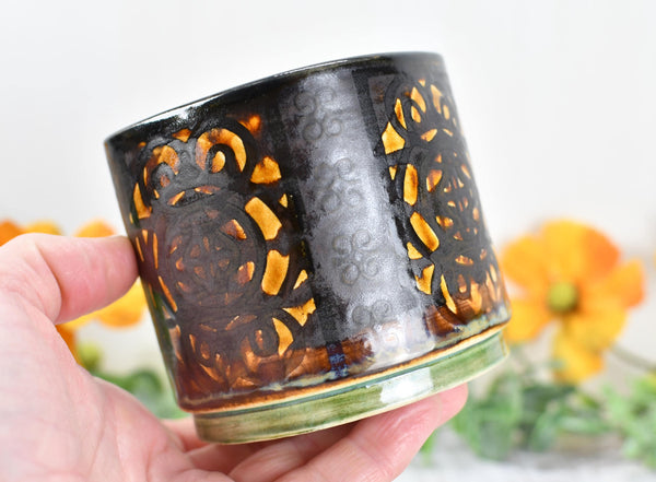 Whiskey Bourbon Cup, Bronze Pottery Anniversary Handmade Ceramic Tumbler BoHo Art Lover Wine Gift, Black, Olive Green, Tan Moroccan Pattern