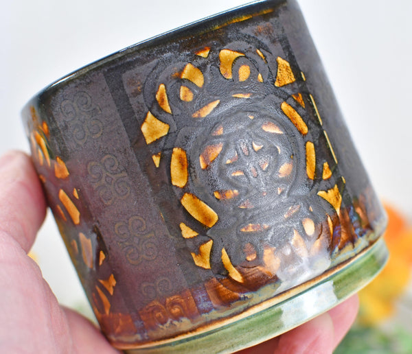 Whiskey Bourbon Cup, Bronze Pottery Anniversary Handmade Ceramic Tumbler BoHo Art Lover Wine Gift, Black, Olive Green, Tan Moroccan Pattern