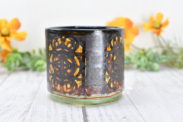 Whiskey Bourbon Cup, Bronze Pottery Anniversary Handmade Ceramic Tumbler BoHo Art Lover Wine Gift, Black, Olive Green, Tan Moroccan Pattern