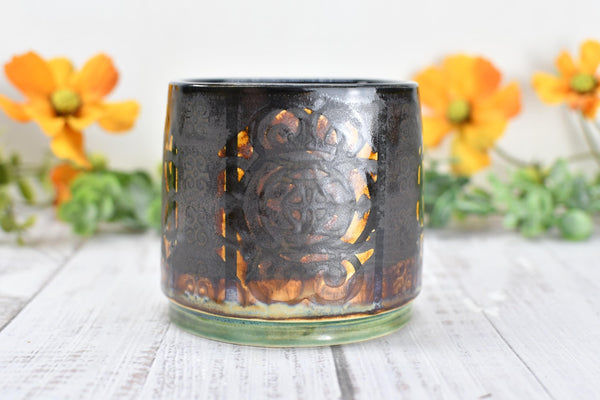 Whiskey Bourbon Cup, Bronze Pottery Anniversary Handmade Ceramic Tumbler BoHo Art Lover Wine Gift, Black, Olive Green, Tan Moroccan Pattern
