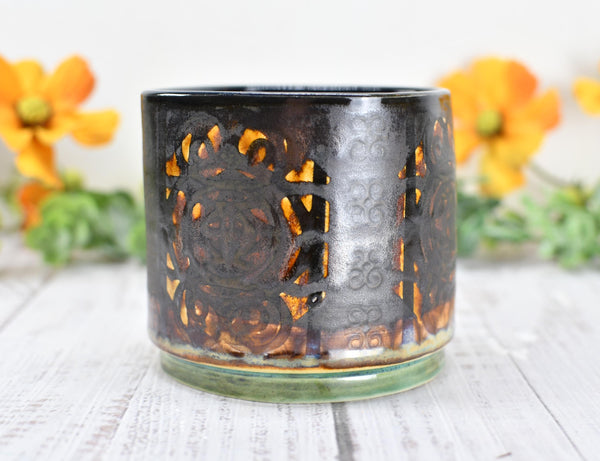 Whiskey Bourbon Cup, Bronze Pottery Anniversary Handmade Ceramic Tumbler BoHo Art Lover Wine Gift, Black, Olive Green, Tan Moroccan Pattern