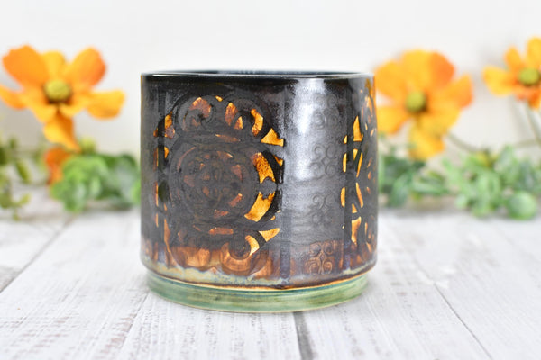 Whiskey Bourbon Cup, Bronze Pottery Anniversary Handmade Ceramic Tumbler BoHo Art Lover Wine Gift, Black, Olive Green, Tan Moroccan Pattern