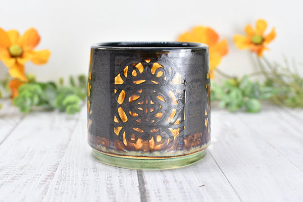 Whiskey Bourbon Cup, Bronze Pottery Anniversary Handmade Ceramic Tumbler BoHo Art Lover Wine Gift, Black, Olive Green, Tan Moroccan Pattern
