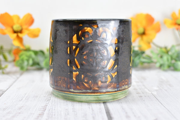 Whiskey Bourbon Cup, Bronze Pottery Anniversary Handmade Ceramic Tumbler BoHo Art Lover Wine Gift, Black, Olive Green, Tan Moroccan Pattern