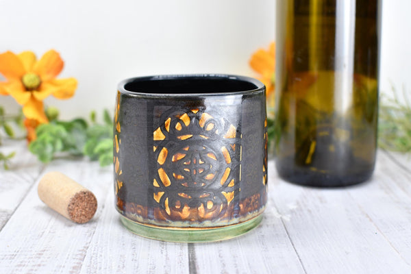 Whiskey Bourbon Cup, Bronze Pottery Anniversary Handmade Ceramic Tumbler BoHo Art Lover Wine Gift, Black, Olive Green, Tan Moroccan Pattern