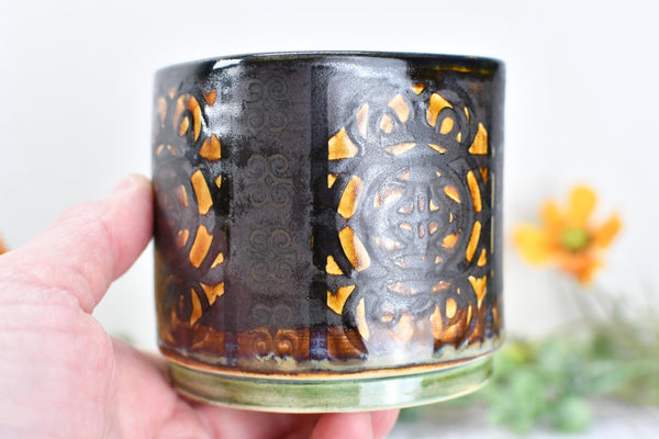 Whiskey Bourbon Cup, Bronze Pottery Anniversary Handmade Ceramic Tumbler BoHo Art Lover Wine Gift, Black, Olive Green, Tan Moroccan Pattern