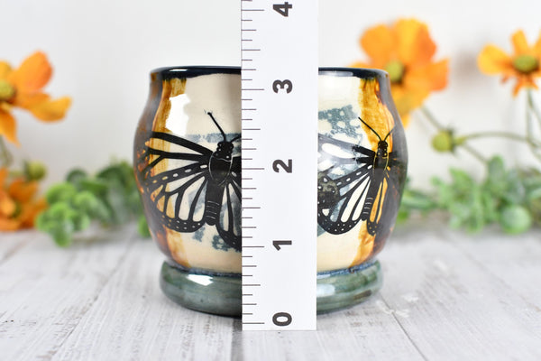 Ceramic Bronze Pottery Anniversary Gift, Butterfly Organizer Vase Cup, Handmade, Black, Green, Tan, Monarch Kitchen Bath Garden Lover Decor