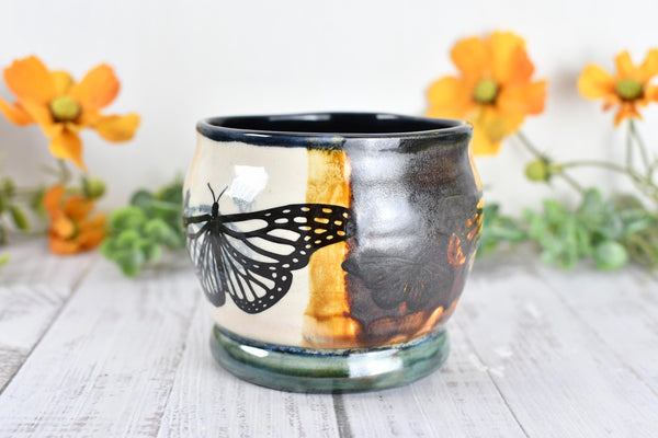 Ceramic Bronze Pottery Anniversary Gift, Butterfly Organizer Vase Cup, Handmade, Black, Green, Tan, Monarch Kitchen Bath Garden Lover Decor