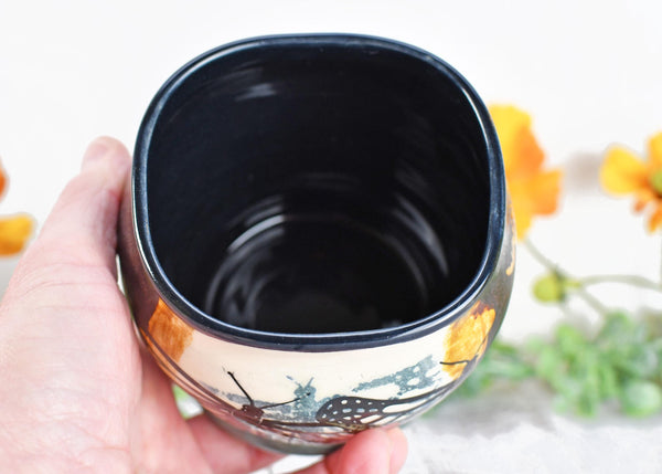 Ceramic Bronze Pottery Anniversary Gift, Butterfly Organizer Vase Cup, Handmade, Black, Green, Tan, Monarch Kitchen Bath Garden Lover Decor