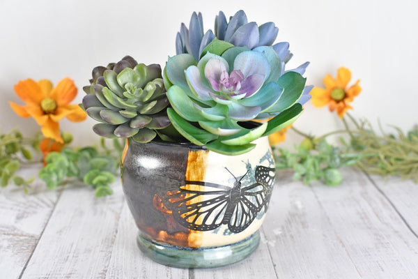 Ceramic Bronze Pottery Anniversary Gift, Butterfly Organizer Vase Cup, Handmade, Black, Green, Tan, Monarch Kitchen Bath Garden Lover Decor