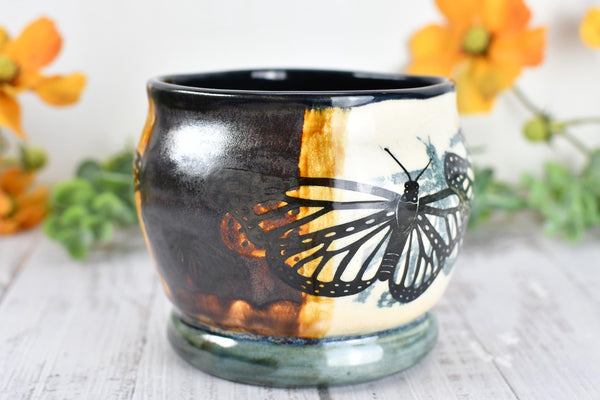 Ceramic Bronze Pottery Anniversary Gift, Butterfly Organizer Vase Cup, Handmade, Black, Green, Tan, Monarch Kitchen Bath Garden Lover Decor