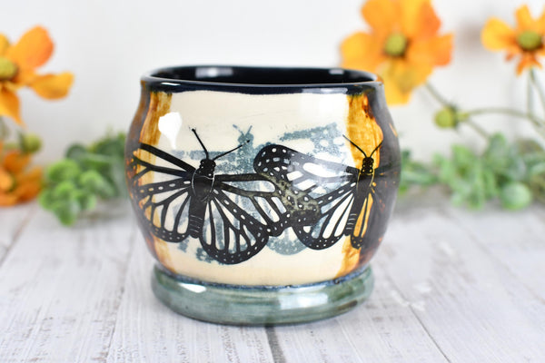 Ceramic Bronze Pottery Anniversary Gift, Butterfly Organizer Vase Cup, Handmade, Black, Green, Tan, Monarch Kitchen Bath Garden Lover Decor