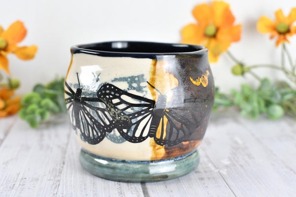 Ceramic Bronze Pottery Anniversary Gift, Butterfly Organizer Vase Cup, Handmade, Black, Green, Tan, Monarch Kitchen Bath Garden Lover Decor