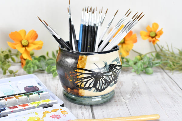 Ceramic Bronze Pottery Anniversary Gift, Butterfly Organizer Vase Cup, Handmade, Black, Green, Tan, Monarch Kitchen Bath Garden Lover Decor