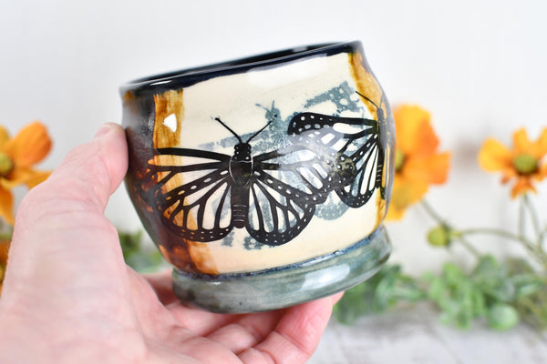 Ceramic Bronze Pottery Anniversary Gift, Butterfly Organizer Vase Cup, Handmade, Black, Green, Tan, Monarch Kitchen Bath Garden Lover Decor