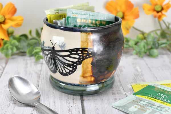 Ceramic Bronze Pottery Anniversary Gift, Butterfly Organizer Vase Cup, Handmade, Black, Green, Tan, Monarch Kitchen Bath Garden Lover Decor