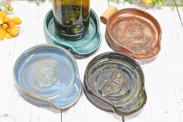 Monarch Butterfly Ceramic Spoon Rest, Handmade Stoneware Pottery, Kitchen Stove Dining, Soap Dish, Wine Bottle Drip Black Copper Blue Green