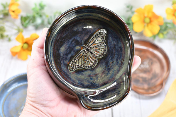Monarch Butterfly Ceramic Spoon Rest, Handmade Stoneware Pottery, Kitchen Stove Dining, Soap Dish, Wine Bottle Drip Black Copper Blue Green
