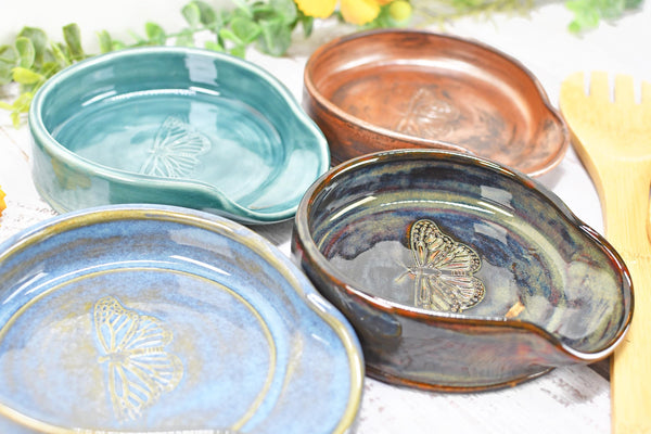 Monarch Butterfly Ceramic Spoon Rest, Handmade Stoneware Pottery, Kitchen Stove Dining, Soap Dish, Wine Bottle Drip Black Copper Blue Green
