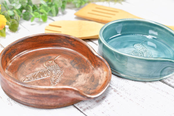 Hummingbird Ceramic Spoon Rest, Large Handmade Stoneware Pottery in Copper and Green - Trinket Dish Housewarming Mother's Day Gift