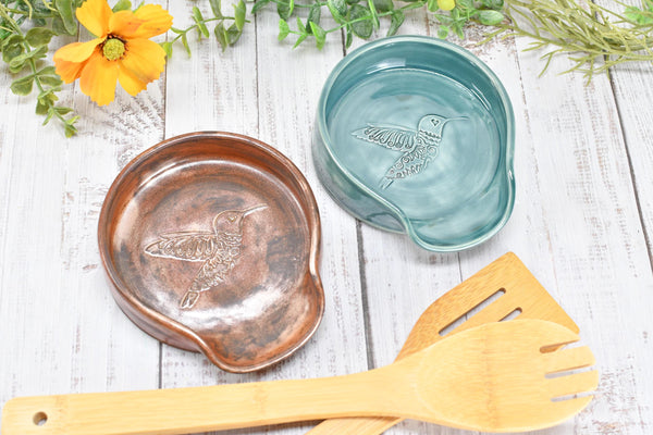 Hummingbird Ceramic Spoon Rest, Large Handmade Stoneware Pottery in Copper and Green - Trinket Dish Housewarming Mother's Day Gift