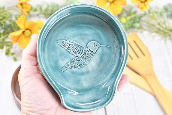Hummingbird Ceramic Spoon Rest, Large Handmade Stoneware Pottery in Copper and Green - Trinket Dish Housewarming Mother's Day Gift