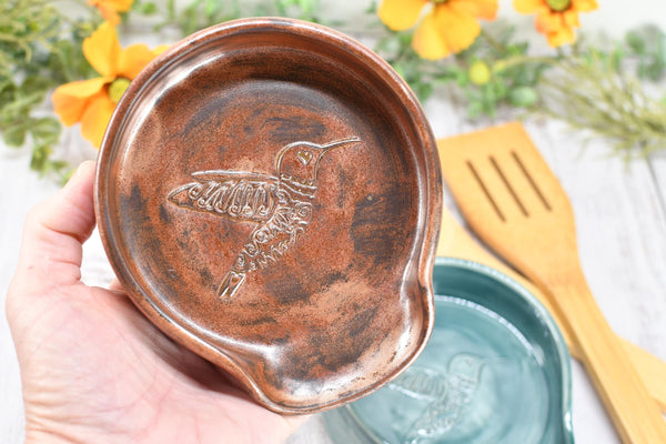 Hummingbird Ceramic Spoon Rest, Large Handmade Stoneware Pottery in Copper and Green - Trinket Dish Housewarming Mother's Day Gift