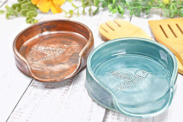 Hummingbird Ceramic Spoon Rest, Large Handmade Stoneware Pottery in Copper and Green - Trinket Dish Housewarming Mother's Day Gift