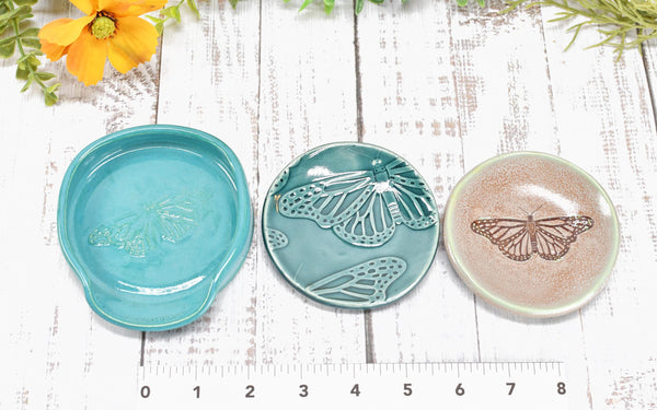 Monarch Butterfly Ceramic Small Coffee Spoon Rest, Handmade Stoneware Pottery Jewelry Trinket Dish, Blue Green Pink, Nature Lover Gift