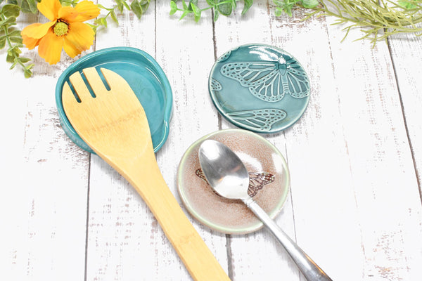 Monarch Butterfly Ceramic Small Coffee Spoon Rest, Handmade Stoneware Pottery Jewelry Trinket Dish, Blue Green Pink, Nature Lover Gift