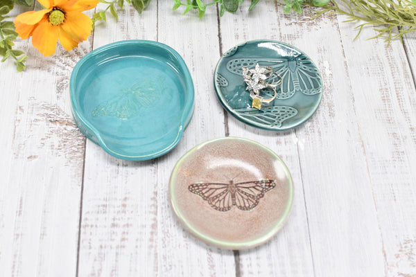 Monarch Butterfly Ceramic Small Coffee Spoon Rest, Handmade Stoneware Pottery Jewelry Trinket Dish, Blue Green Pink, Nature Lover Gift