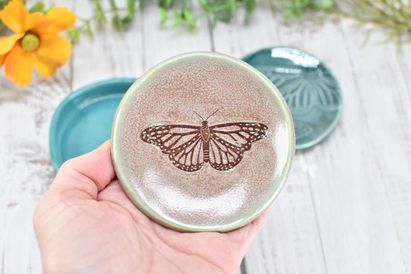 Monarch Butterfly Ceramic Small Coffee Spoon Rest, Handmade Stoneware Pottery Jewelry Trinket Dish, Blue Green Pink, Nature Lover Gift
