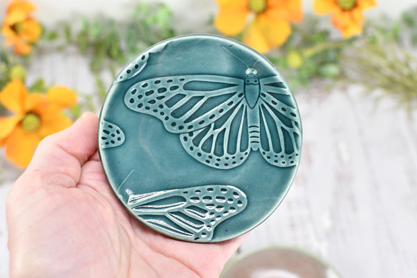 Monarch Butterfly Ceramic Small Coffee Spoon Rest, Handmade Stoneware Pottery Jewelry Trinket Dish, Blue Green Pink, Nature Lover Gift
