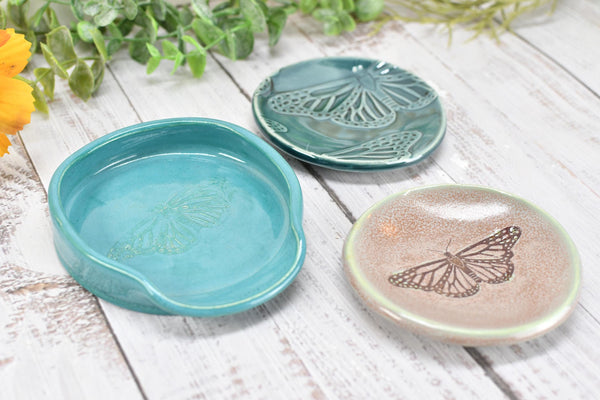 Monarch Butterfly Ceramic Small Coffee Spoon Rest, Handmade Stoneware Pottery Jewelry Trinket Dish, Blue Green Pink, Nature Lover Gift