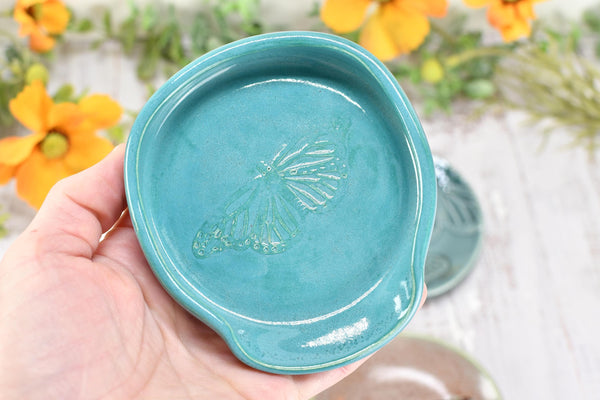 Monarch Butterfly Ceramic Small Coffee Spoon Rest, Handmade Stoneware Pottery Jewelry Trinket Dish, Blue Green Pink, Nature Lover Gift